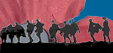 Silhouette of soldiers with poppy background