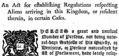 Detail of the front page of the 1793 Aliens Act