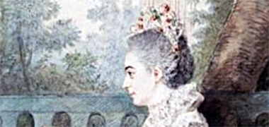 A detail of Mme de Cassini from a painting by Carmontelle of Mme Joseph Philippe de Bréget sitting with Mme de Cassini – courtesy of Wikipedia