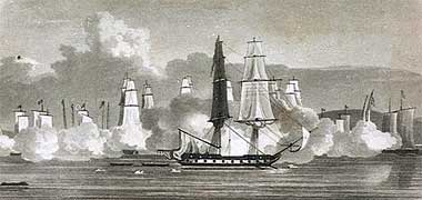 Engraving of HMS Vencejo at Quiberon Bay by Bailey, made 1815 – with the permission of the National Maritime Museum, Greenwich