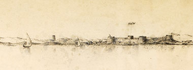 Detail of the sketch from the sea of the elevation at Bidda and Doha – courtesy of The British Library, ‘Trigonometrical plan of the harbour of El Biddah on the Arabian side of the Persian Gulf. By Lieuts. J. M. Guy and G. B. Brucks, H. C. Marine. Drawn by Lieut. M. Houghton’ IOR/X/3694