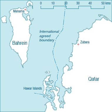A sketch map locating the Hawar Islands in relation to Qatar and Bahrein