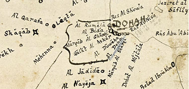 Detail of the sketch map of the peninsula giving the names of villages around Doha – Courtesy of Qatar Digital Library