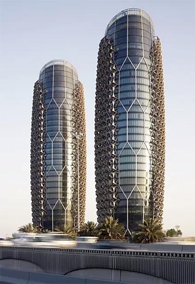 A view of the twin al-Bahr towers illustrating the shading solution – with the permission of AHR Architects © Christian Richters