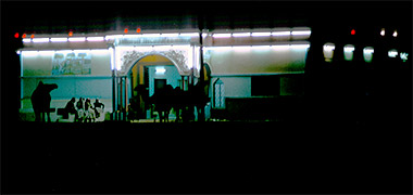 Night view of the entrance to a residential compound