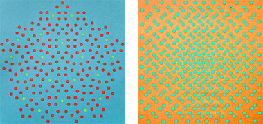 Exercise with red dots on a blue ground and green dots on a yellow ground