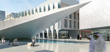 View of the minbar and public ablution pool of a mosque design for Abu Dhabi – with the permission of Rux Design, New York
