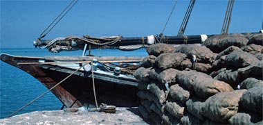 The prow of an abuwbuwz on the jetty at Doha in 1972