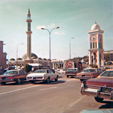 An old Polaroid image looking towards the Clock Tower from Darwish Cold Stores, around 1974