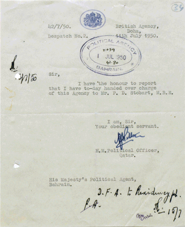 Three letters formally handing over the British Agency, 1950 - courtesy of Qatar Digital Library