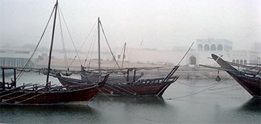 Traditional marine craft sitting outside the Qatar National Museum, January 1977